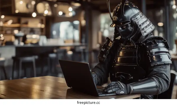 Samurai Working on a Laptop in a Cafe
