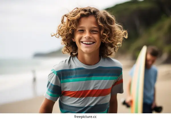 Portrait of a happy boy with curly hair smiling