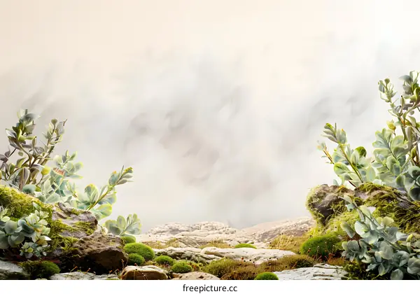 Green Foliage And Rocks With Foggy Background