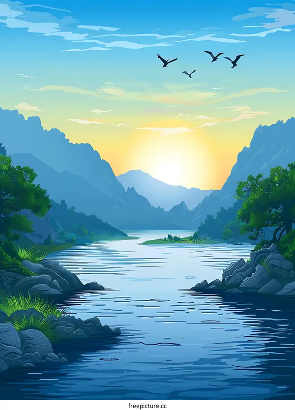 Mountain River Landscape Sunrise