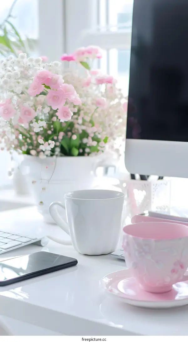A beautiful workspace with a computer, flowers, and a cup of coffee
