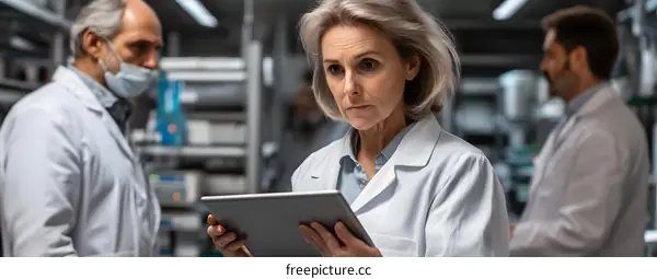 Caucasian Woman Doctor Looking at Tablet in Lab