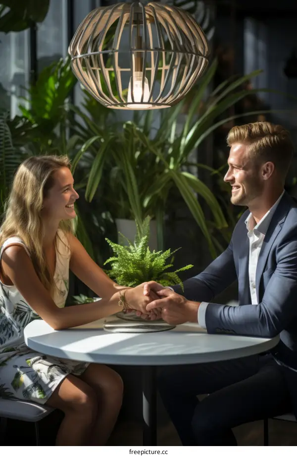 A couple is sitting at a table in a restaurant.