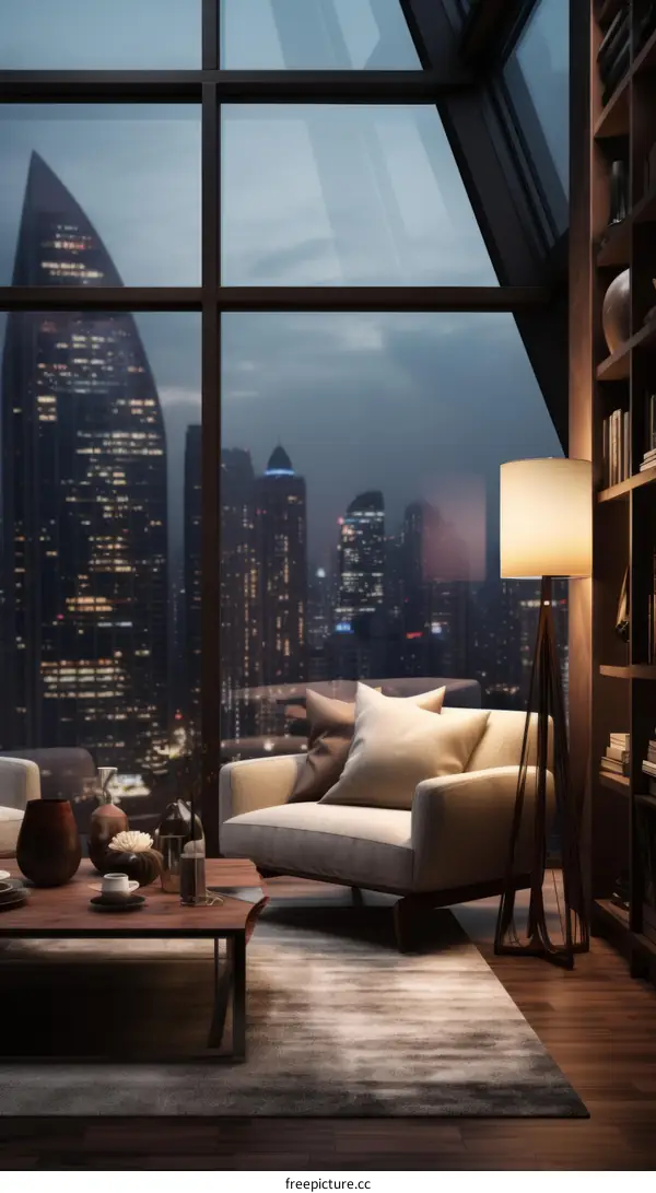A cozy living room with a great view of the city