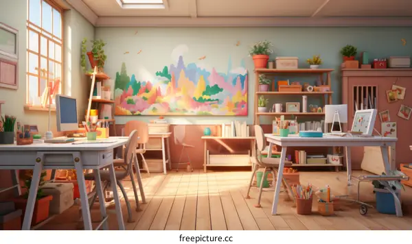 Cozy colorful classroom with supplies and computers