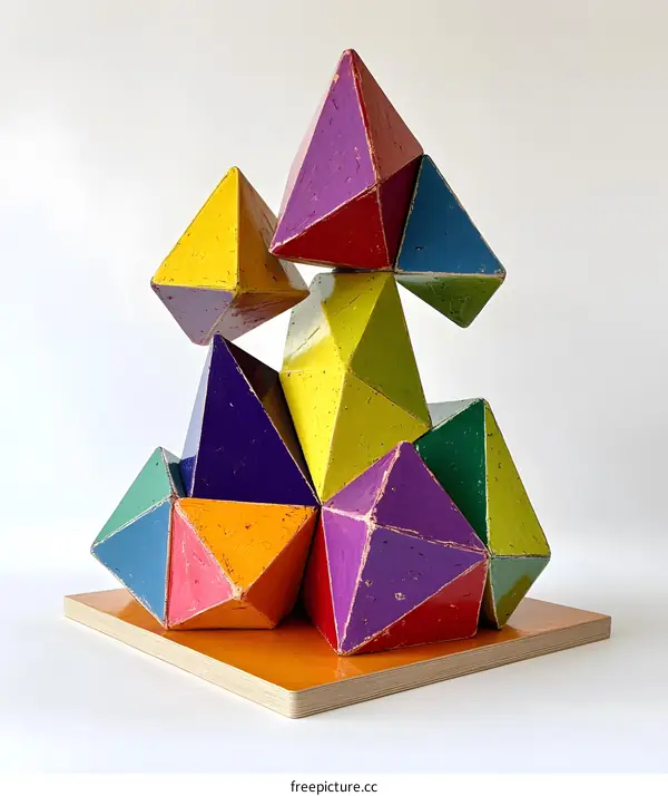 Colorful Geometric Wooden Sculpture on Orange Base