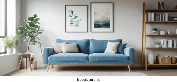 Modern Living Room with Blue Sofa and Artwork