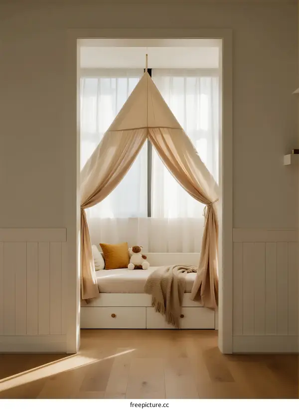 A Cozy Bedroom Nook with a Canopy and Soft Lighting
