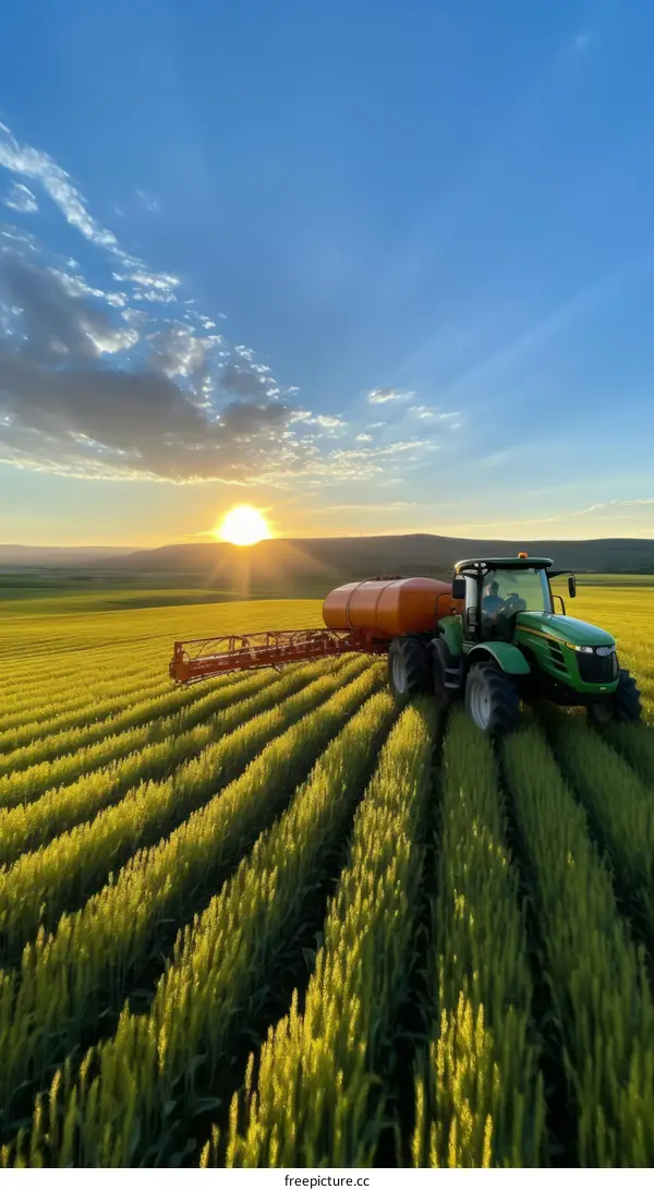 Green tractor spraying pesticides on a lush green wheat field during sunset