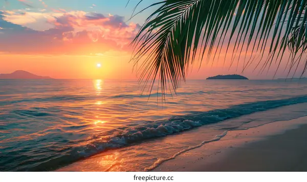 Tropical Sunset Over the Ocean with Palm Tree