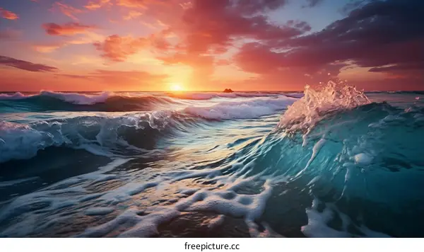 Beautiful sunset over the ocean with large crashing wave