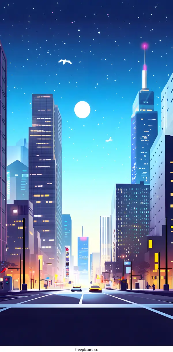 Night Cityscape With Stars, Moon And Birds