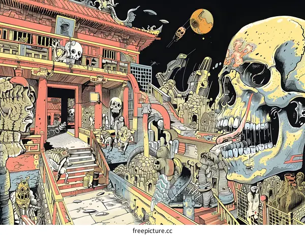 Surreal Illustration of a Building with a Skull