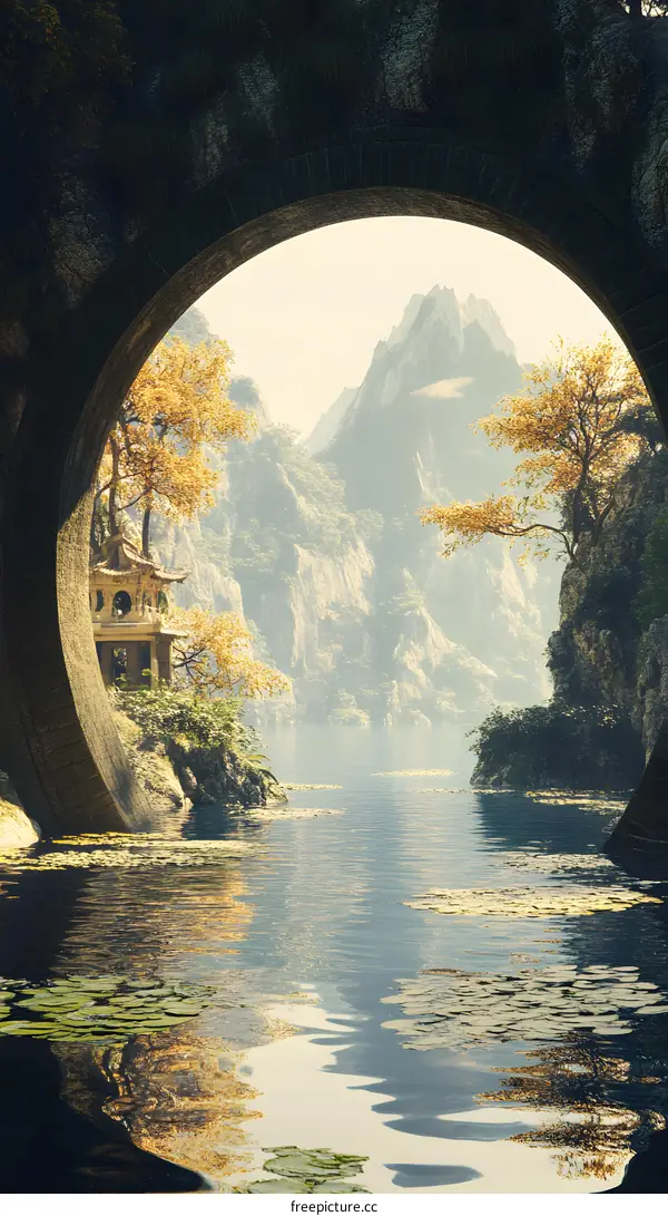 Mountain View Through Stone Archway