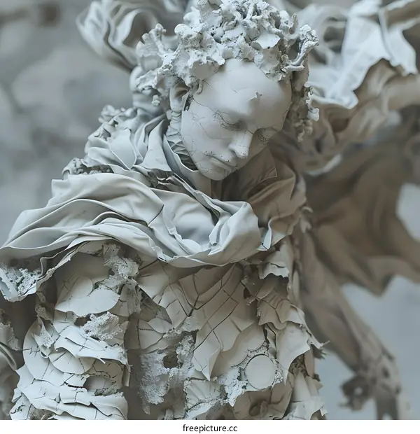 A close-up of a white sculpture with a human face and body made of stone