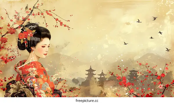 A beautiful Japanese woman in a kimono stands in a field of cherry blossoms.