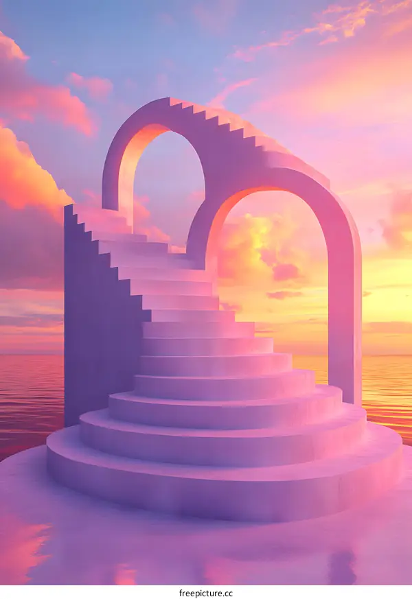 Pink Staircase Leading to Archway in Sunset