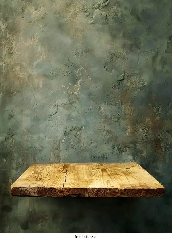 Rustic Wooden Shelf Against a Green Wall Background