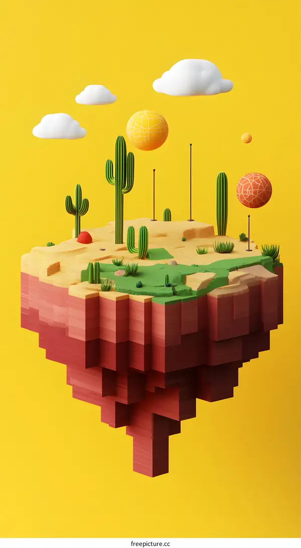 Minimalist Desert Landscape With Floating Island and Cactus