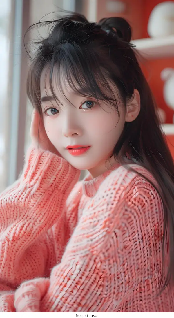 Portrait of a Beautiful Asian Woman with Long Black Hair Wearing a Pink Knit Sweater