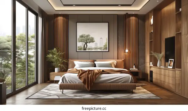 Modern bedroom interior design with wooden wall and large windows