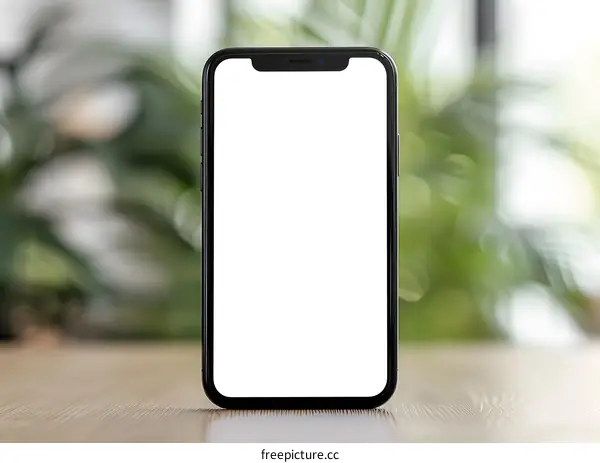 Black Smartphone Mockup On Wooden Table With Blurred Green Background