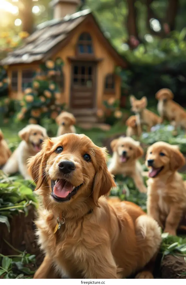 A group of golden retriever puppies playing in the garden
