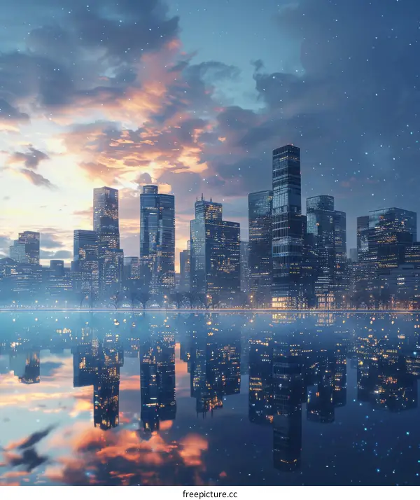 Cityscape with River and Sunset