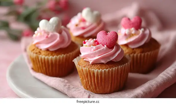 Delicious Pink Heart Cupcakes with Sweet Decorations