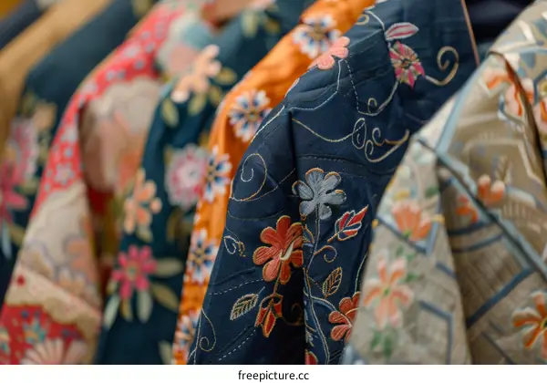 Close Up of Colorful Fabric with Floral Embroidery