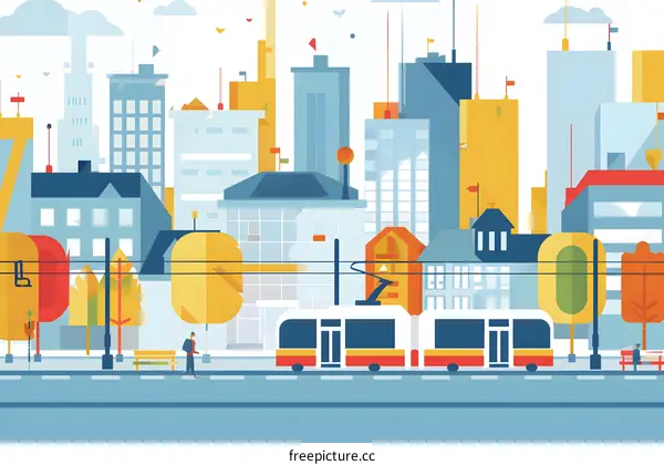 Cityscape Illustration With Tram And Person