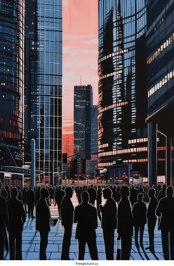 Crowded city street with people crossing the road at sunset
