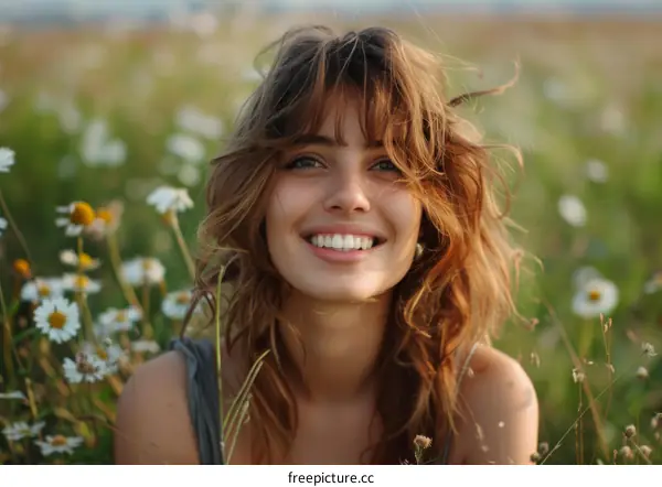 Smiling Woman in a Meadow of Daisies