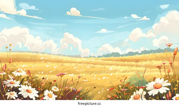 Summer Field Landscape with Daisies and Blue Sky