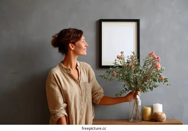 Woman holding flowers near a framed picture on a wall