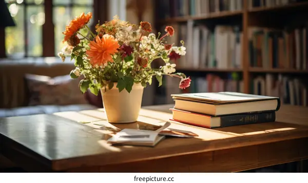 A beautiful bouquet of flowers sits on a wooden table in a home library.
