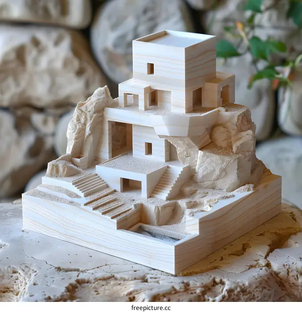 Wooden Model of a Modern House Built into a Cliff