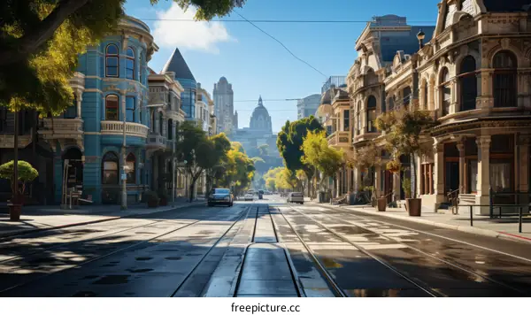 An empty street with colorful houses and a capitol building in the distance