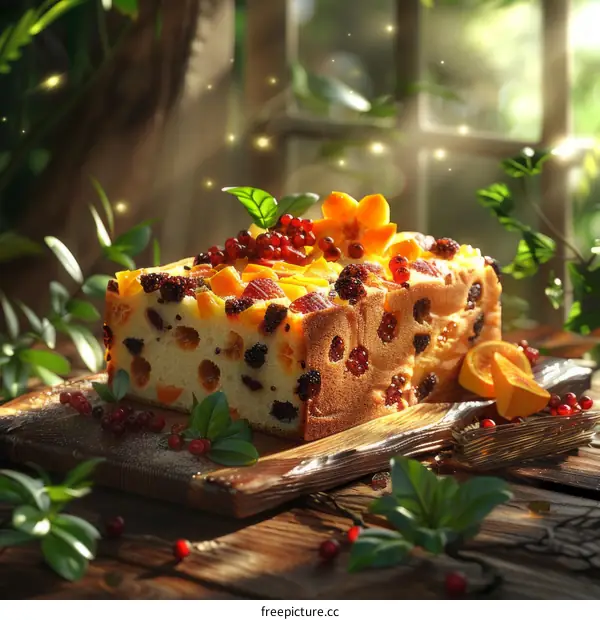 A delicious cake with fresh berries and fruit on a wooden table