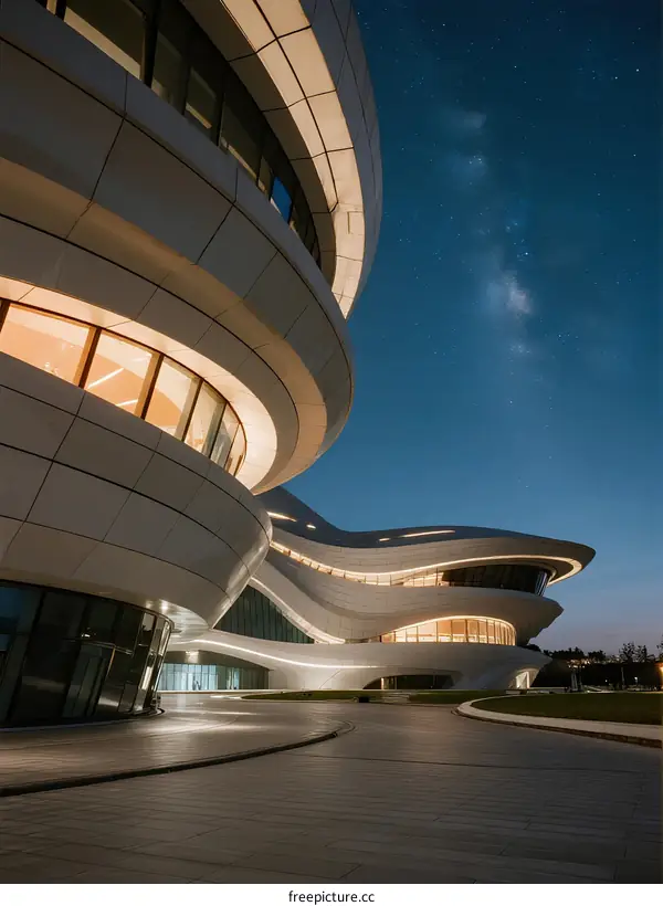 Modern Architectural Structure with Curved Lines at Night