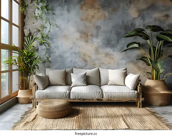 Modern interior design living room with sofa and plants