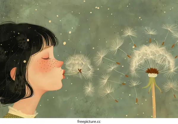 A girl blowing dandelion seeds