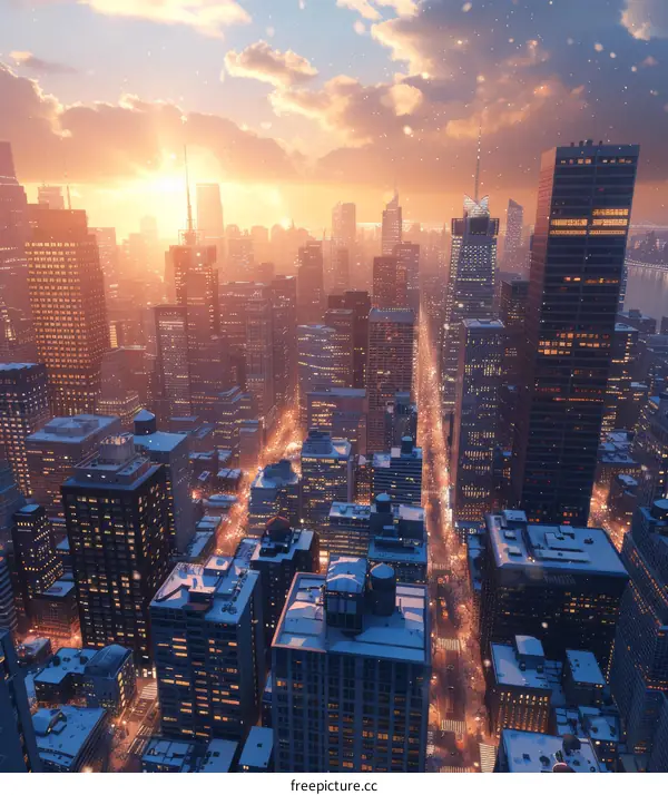Snowy Cityscape at Sunrise