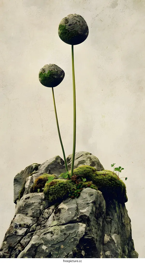 Two Moss Covered Balls on a Rock
