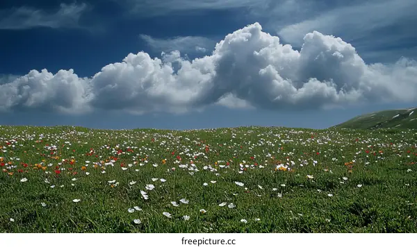 Beautiful Meadow with Colorful Flowers Under a Cloudy Sky