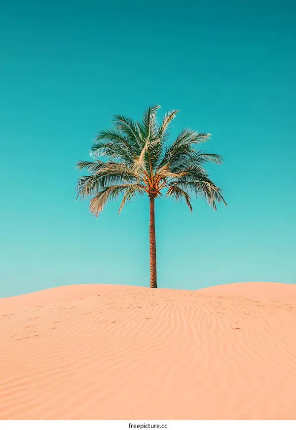 Palm Tree Standing Tall In Desert Sand Dunes With Blue Sky