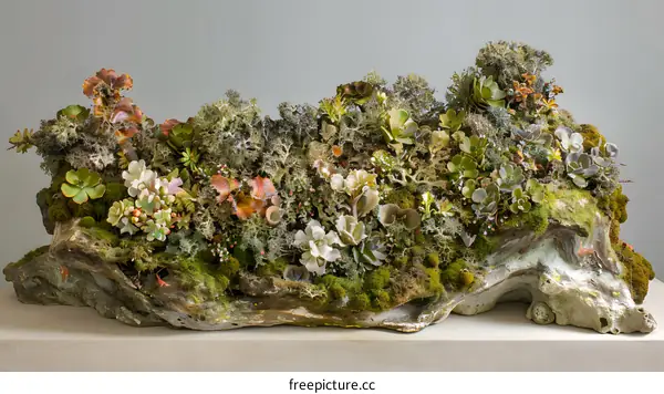 Succulent Plants and Moss Growing on a Rock