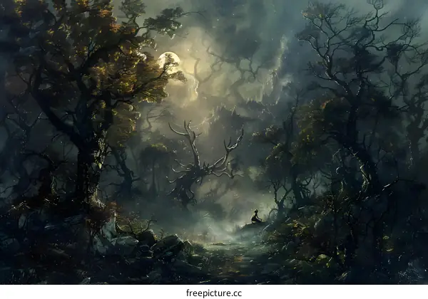 Fantasy Forest Moonlight Night with Lone Figure
