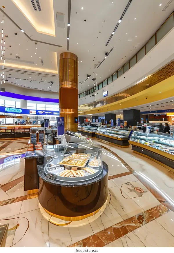 Modern Interior of a Luxury Bakery with Display Case Filled with Pastries