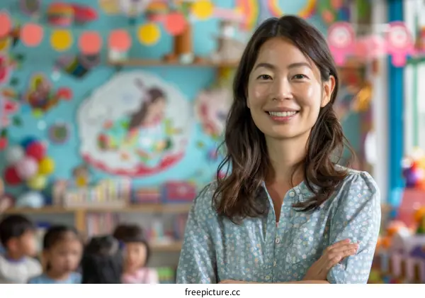 Asian female preschool teacher with arms crossed in classroom